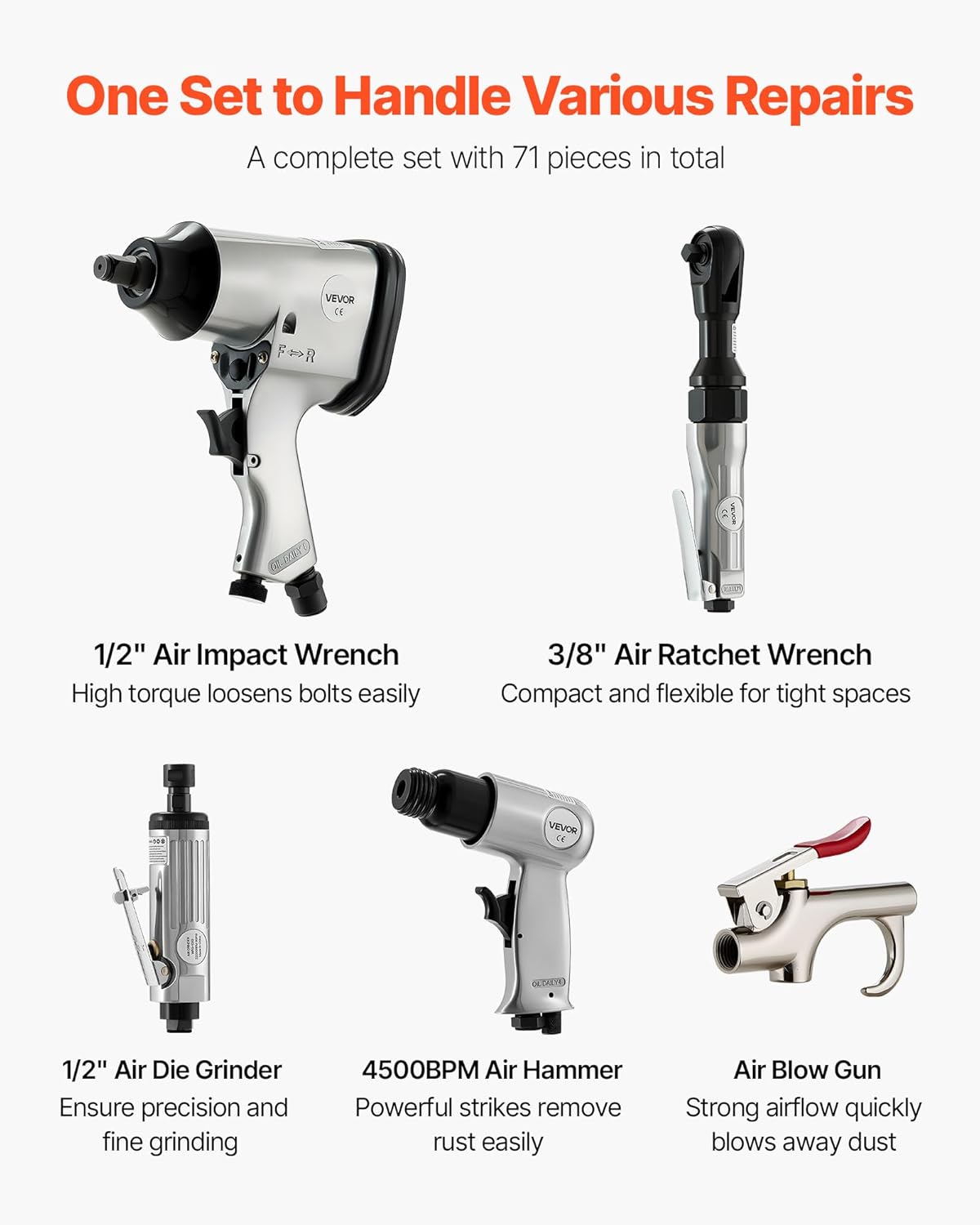 VEVOR 71 Pieces Pro Air Tool and Accessories Kit - 1/2" Air Impact Wrench, 3/8" Ratchet Wrench, 1/2" Die Grinder, 4500BPM Hammer, Blow Gun for Auto Repair, Home DIY Project - Storage Case Included