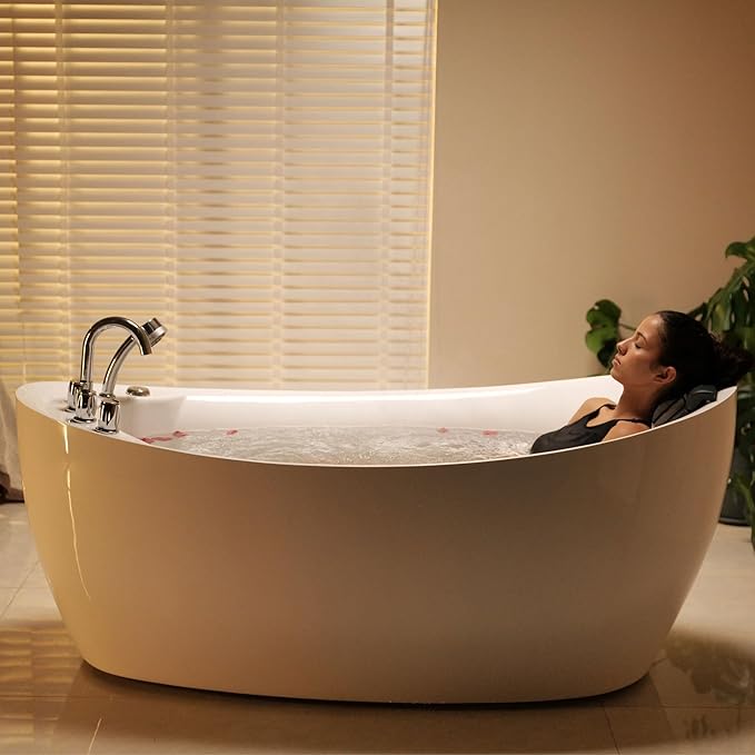 Empava 67" x 31" Freestanding Whirlpool Tub with Left/Right Drain,560W Stand Alone Bathtub with 7 Hydromassage Jets, Elegant Boat-Shaped,Acrylic,ETL Certified