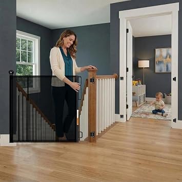 Retractable Baby Gate - 72" Wide Mesh Dog Gate with Support Rods - 34" Tall for Stairs, Doorways, Hallways - Drill or No-Drill - Pet & Cat Gate - Outdoor/Indoor Black, 5.91 Feet