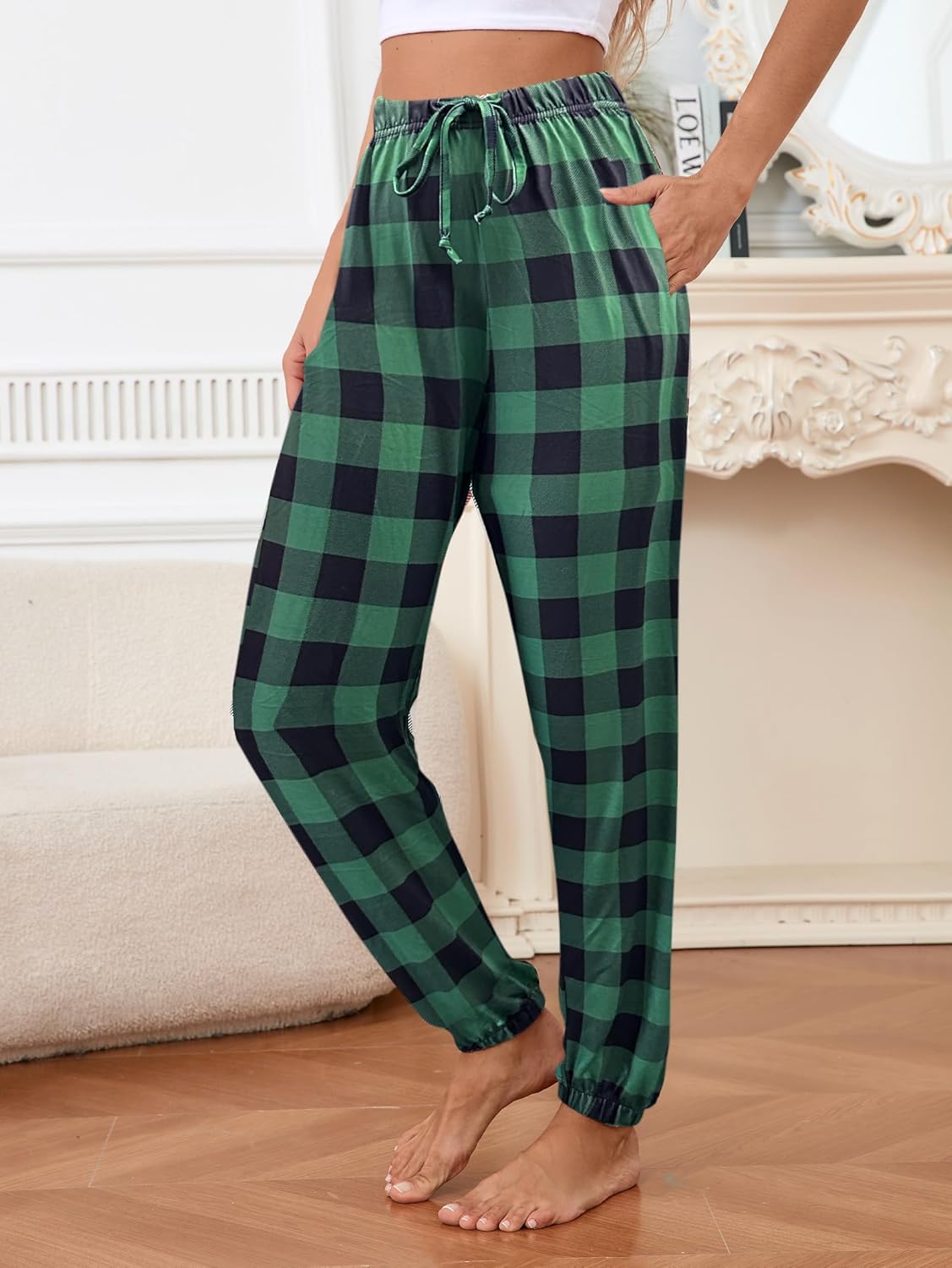 iChunhua Women's Comfy Casual Pajama Pants Pj Bottom with Pockets Stretch Plaid Sleepwear - Image 2