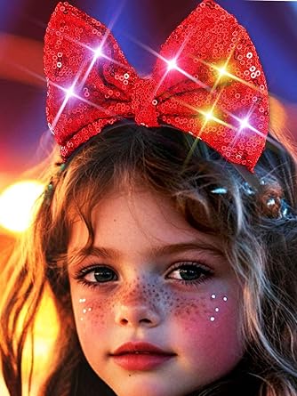 Formery Light Up Bow Headband Red Sequin Bowknot LED Hairband Glitter Hair Accessories for Women