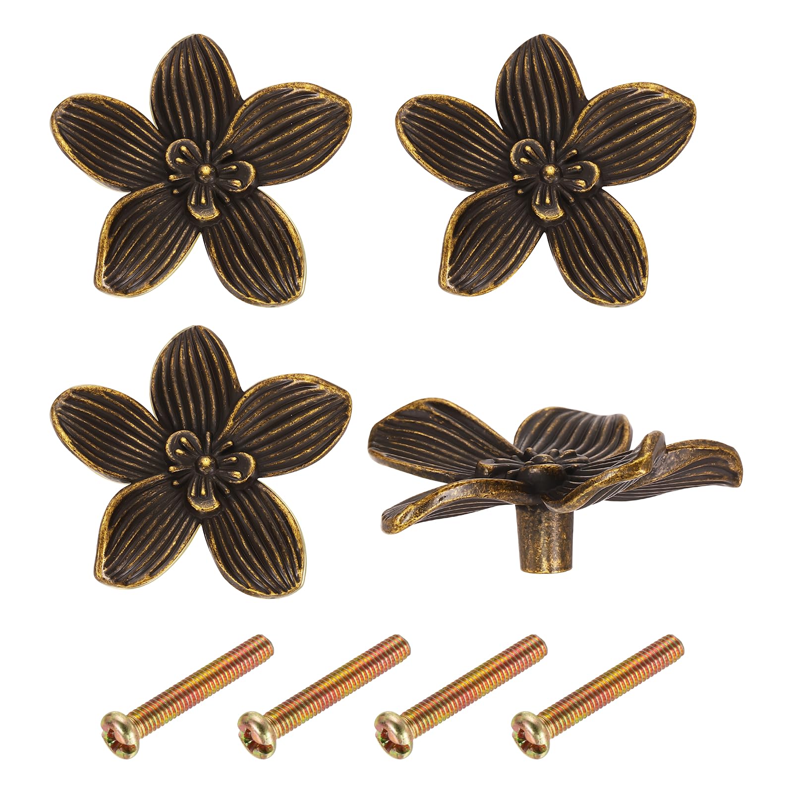 sourcing map 4Pcs Flower Drawer Knobs, 2" Zinc Alloy Cabinet Pulls Handles Hardware for Wardrobe Cupboard Closets Bookcase Furniture Decoration, Bronze