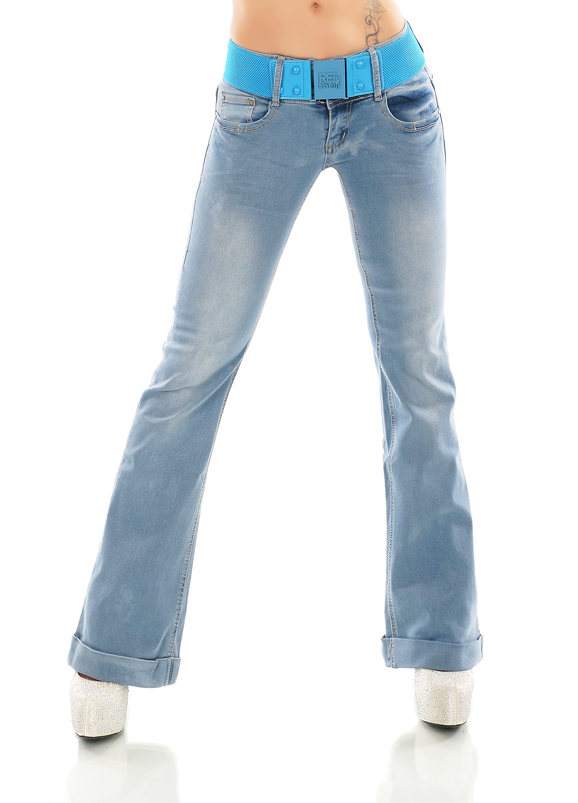 Damen Hüft Bootcut Jeans Hose Schlag Flarecut Stretch Denim Umschlagsaum Gürtel