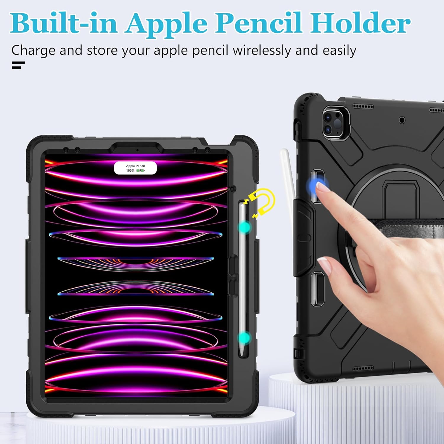 Case for iPad Pro 12.9 2022/2021/ 2020/2018: Cover for iPad Pro 12.9 6th/ 5th/ 4th/ 3rd Generation with Screen Protector- Stand- Pencil Holder- Handle- Shoulder Strap Black - Image 8