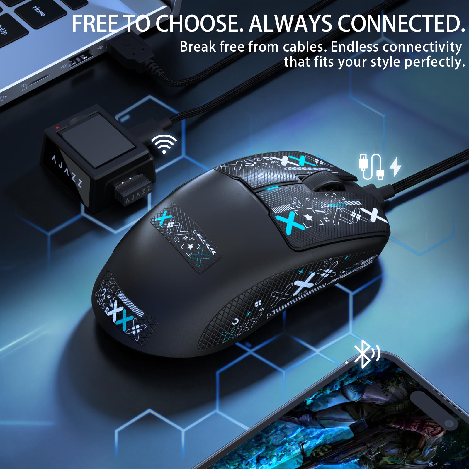 FREEWOLF X AJAZZ AJ159 V2 Ratón Gaming Inalámbrico, Batería Hot Swap, Triple Modo (2.4G/Bluetooth/Cableado), Sensor PAW3395, Ultraligero 54 g, Hasta 32000 DPI, Tasa de Sondeo 1000Hz (Nero-B)