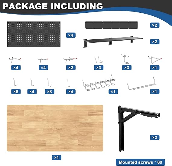 Ultrawall Wall Mounted Workbench with Pegboard, Folding Down Work Table | Metal Pegboard Wall Organizer for Garage Storage, Workshop, 48X24
