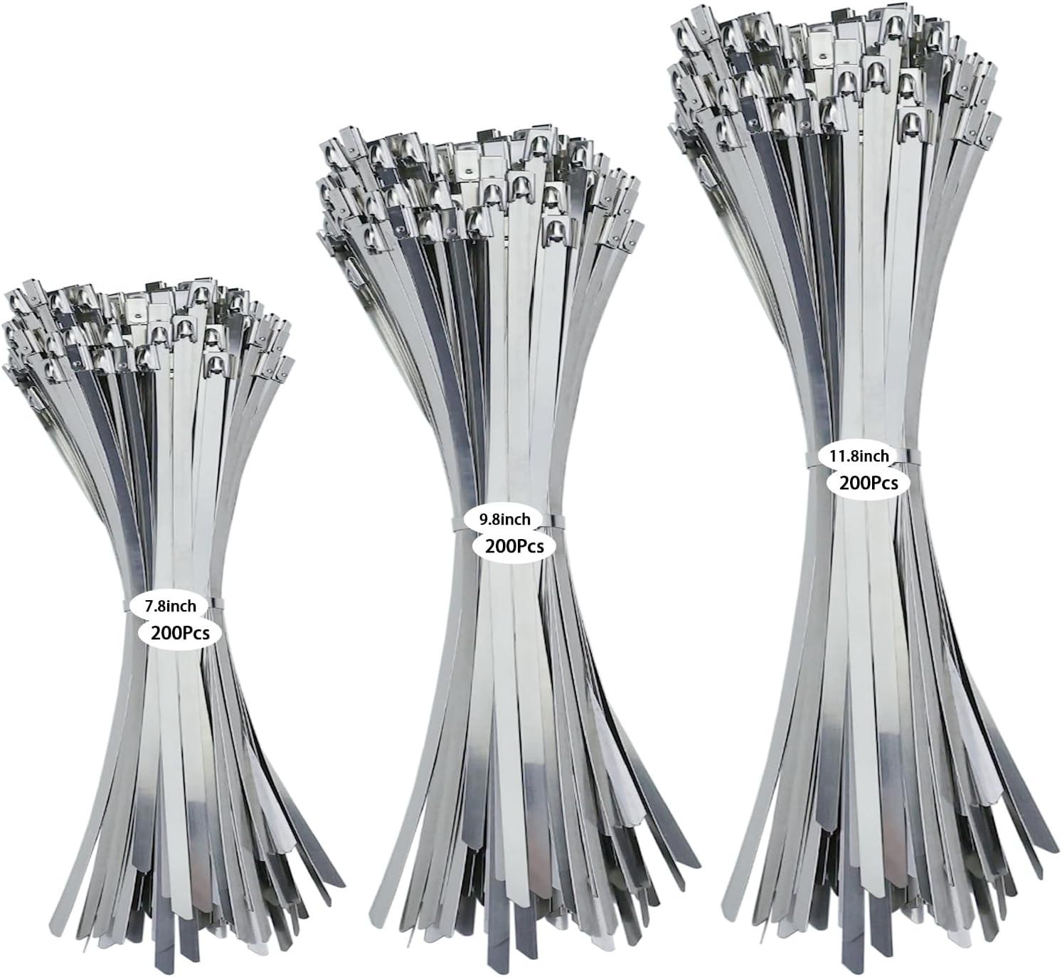 600Pcs Metal Zip Ties Assorted Size 7.8+9.8+11.8 Inch 304 Stainless Steel Zip Ties Self Locking Heavy Duty 220 Pound Tensile Strength Adjustable Cable Ties for Indoor Outdoor Fence Canopy Workshop