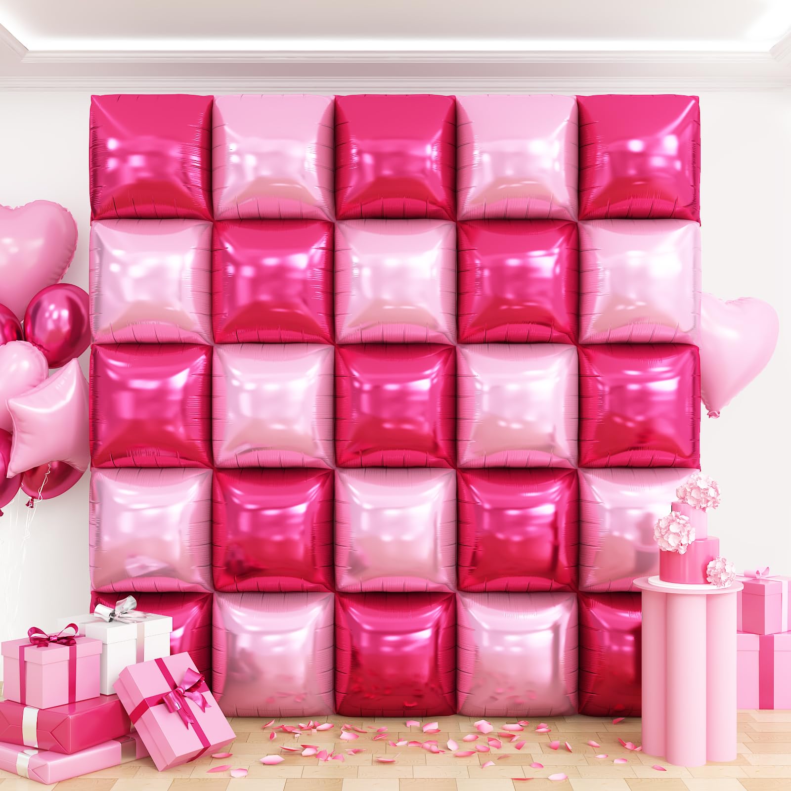 Hot Magenta Pink Square Foil Balloons Wall Tunnel Backdrop Double Sided Metallic Balloon Arch Garland Kit For Anniversary Bachelorette Engagement