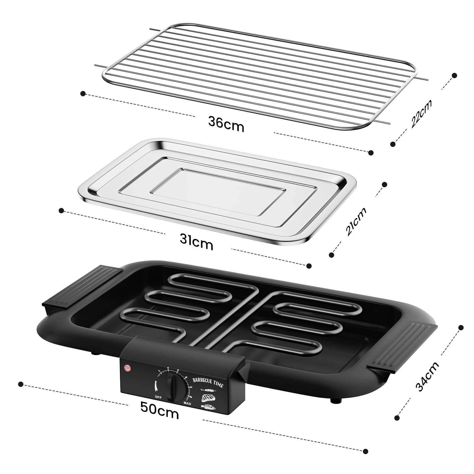 Elektrogrill Tischgrill elektrisch, Elektrischer BBQ-Grill, rauchloser Non-Stick Innen-/Outdoor-Grill, 2000W Doppelröhre tragbarer abnehmbarer Standgrill der hohen Leistung (Klassisches Schwarz)