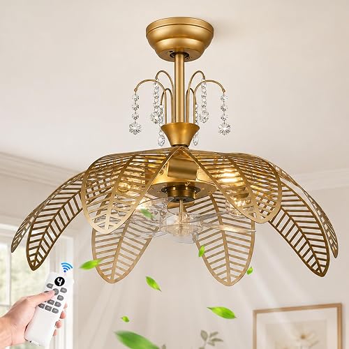 25" Flower Ceiling Fans with Lights,Gold Chandelier Fan