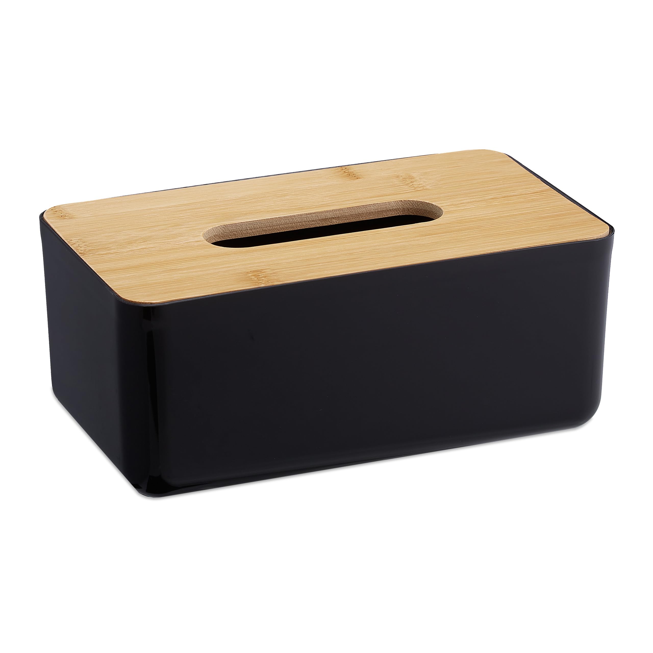Relaxdays Porta Fazzoletti, Riutilizzabile, Portafazzoletti per Il Bagno, Coperchio in bambù, 10x23x13 cm, Nero/Naturale