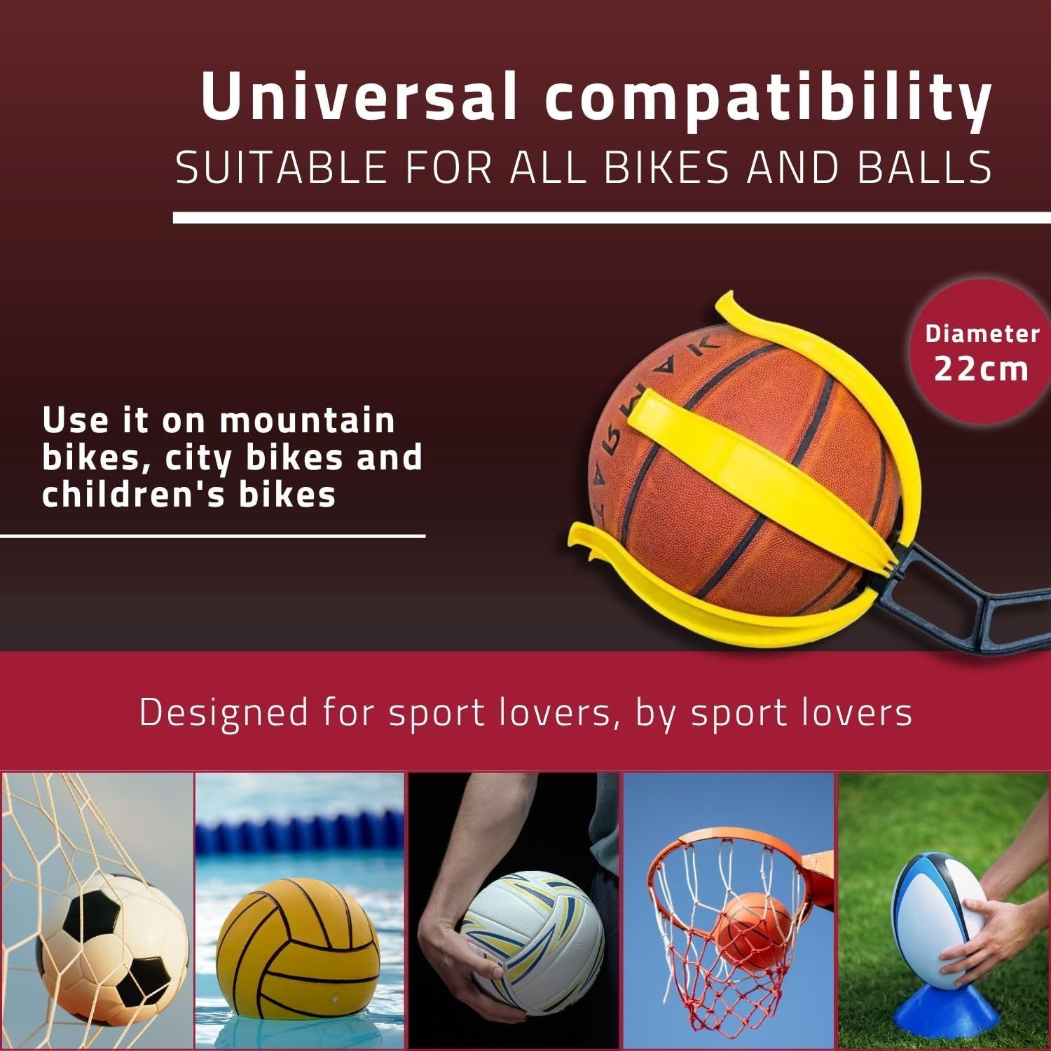 Bicycle Ball Holder, Safety Device for Children and Teenagers, Easy-to-Apply Holder, Suitable for Footballs, Volleyballs, Basketballs and Rugby Balls, Black