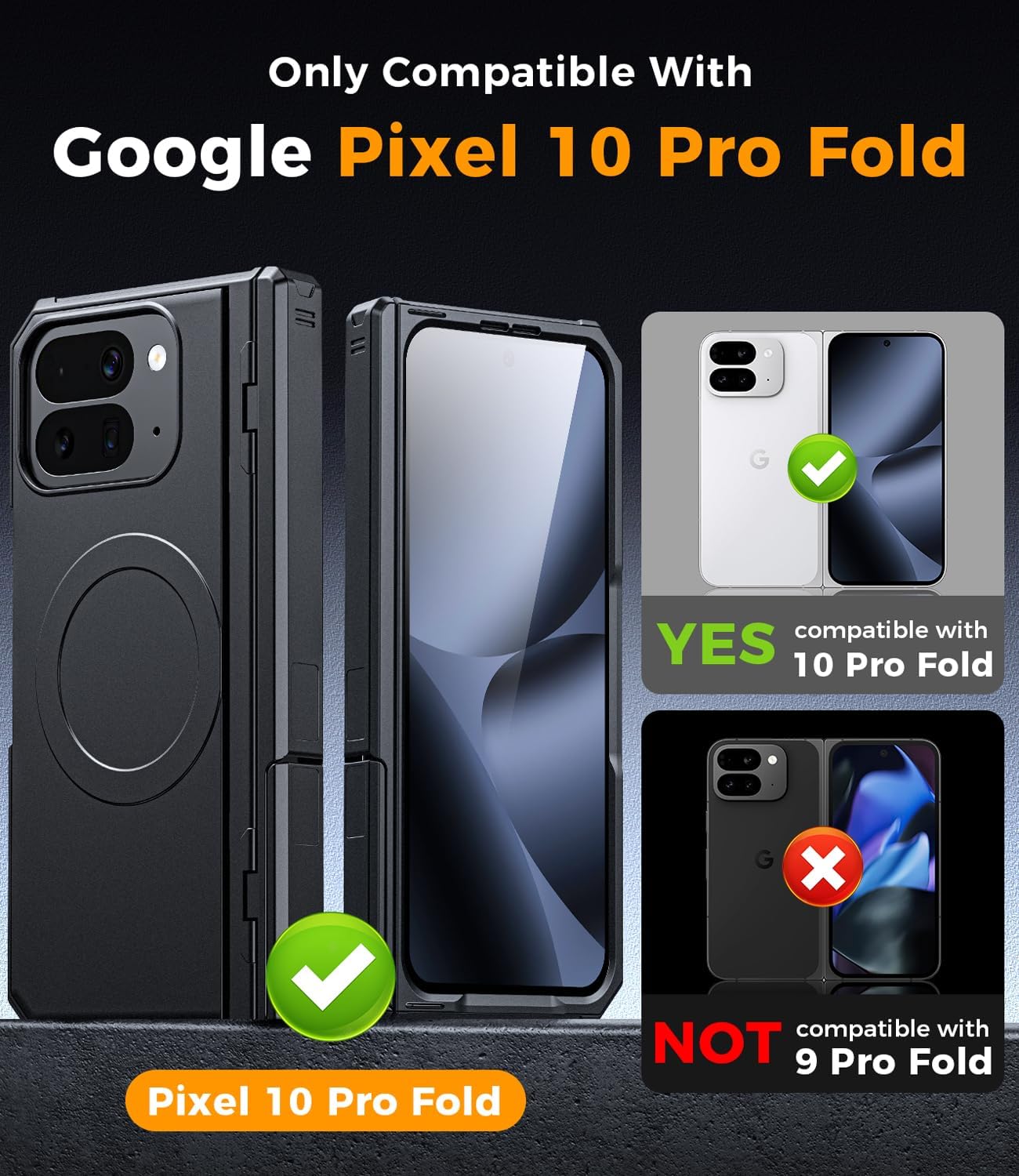 for Google Pixel-10-Pro Fold Magnetic Case: Dual Kickstand, Fit for Pixelsnap/MagSafe, Military-Grade Shockproof Protection, Hinge Protection, Screen Protector, Durable TPU Cover for 10 Pro Fold Black