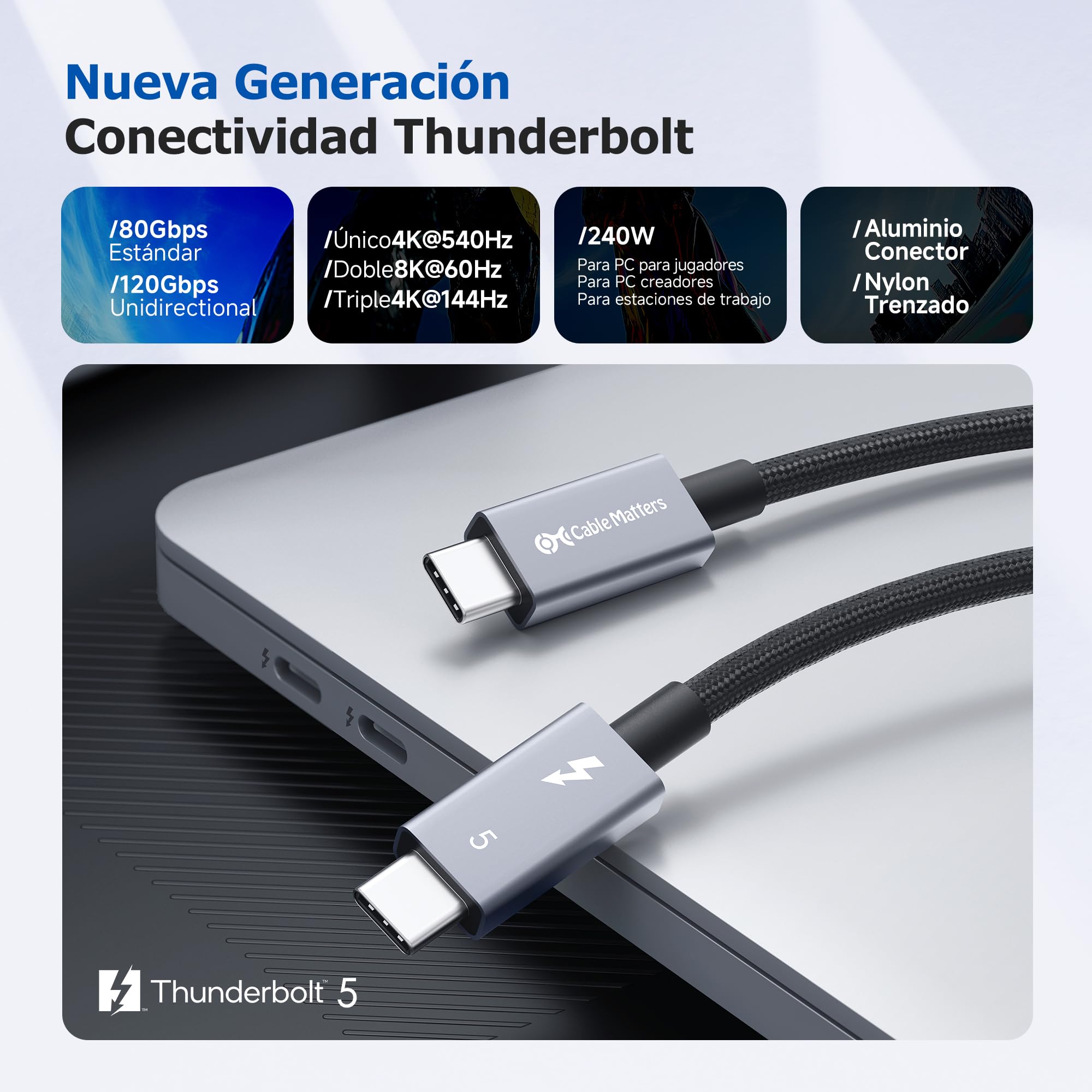 Cable Matters [Certificado por Intel] Cable Thunderbolt 5 trenzado de 80 Gbps con aumento de ancho de banda de hasta 120Gbps y carga de 240W - 1 m, compatible con Thunderbolt 4/3, USB4 y USB-C