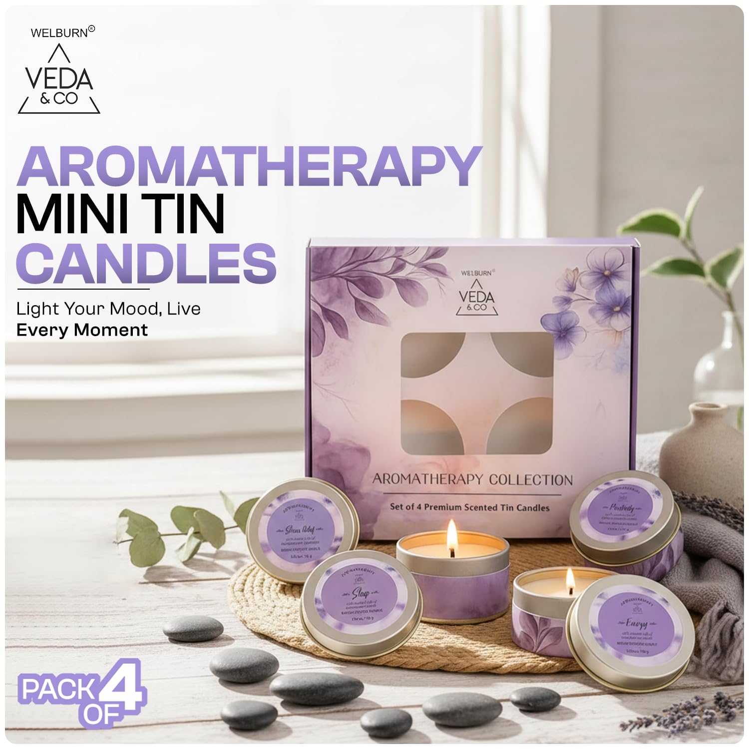 Welburn Veda&Co® Aromatherapy Mini Tin Candles (4 Pack) | Long Lasting Scented Candles | Aromatherapy Candles for Home Décor, Office, Meditation Relaxation, Yoga & Festive Gifting 4