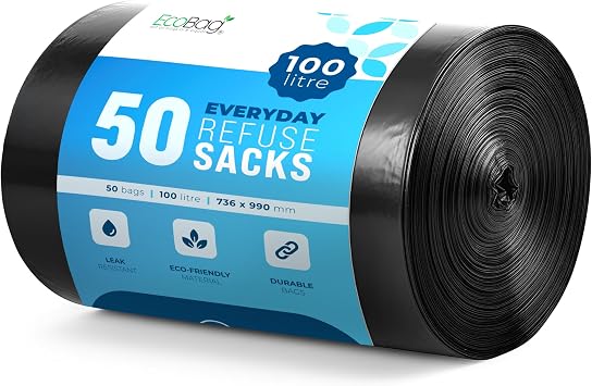 EcoBag - 50 Pack Everyday Refuse Sacks - Recyclable Bin Bags, Leak Resistant, Eco-Friendly, Durable Waste Disposal Bags for Kitchen, Office Waste & Light Rubbish, 30 Micron  m /100l
