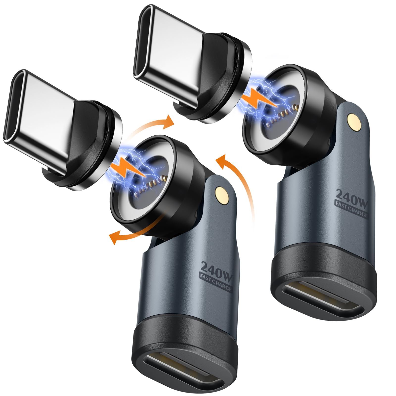 MoKo 240W USB C Magnet Adapter(2 Stück) - 9Pin Magnetisch USB-C Winkelstecker Adapter, 180° 360° Drehung, Typ-C 90 Grad Adapters für iPhone 17 Air 16 15 Pro Max, MacBook/iPad, Galaxy,Switch 2, Grau