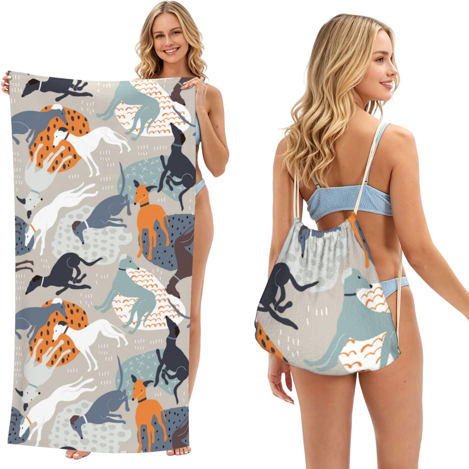 Poadnly As Picture Greyhounds Cute, 2 In 1 Packable Towel Bag, Beach Towels With Drawstring Backpack For Travel Holiday Camping
