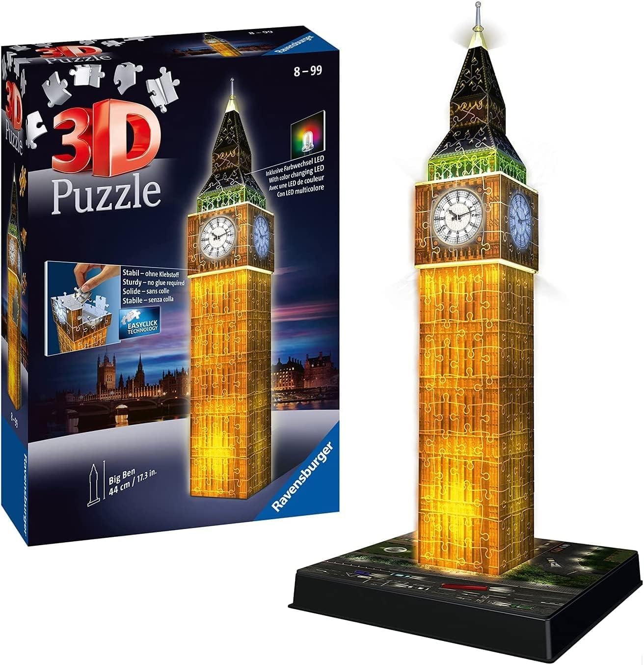 Ravensburger 3D Puzzle 12588 - Big Ben Night Edition - Das Wahrzeichen aus London, offiziell Elizabeth Tower, als LED beleuchtetes Bauwerk - für Modellbau und Puzzle Fans ab 8 Jahren