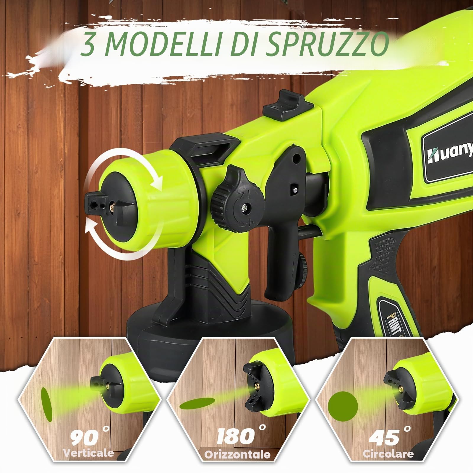 Huanyu Spruzzatore di vernice a batteria, 5 ugelli, 3 modelli(CN6000 Verde) | 2 batterie da 21V 4.0Ah, 900ml, Spruzzatore di vernice elettrico per recinzioni, capanni e mobili