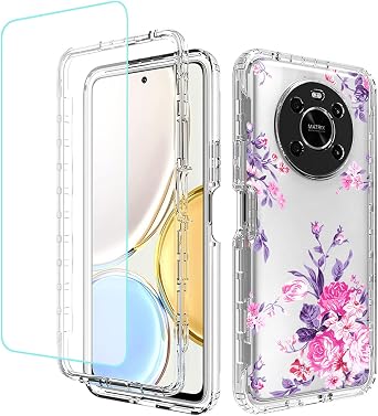 Case for Honor X9 4G/5G/Honor X30/Honor Magic4 Lite Case, Any-NX1 with Tempered Glass Screen Protector, Floral Design Shockproof Full Body Protective Cell Phone Cover for Honor X9 Rose
