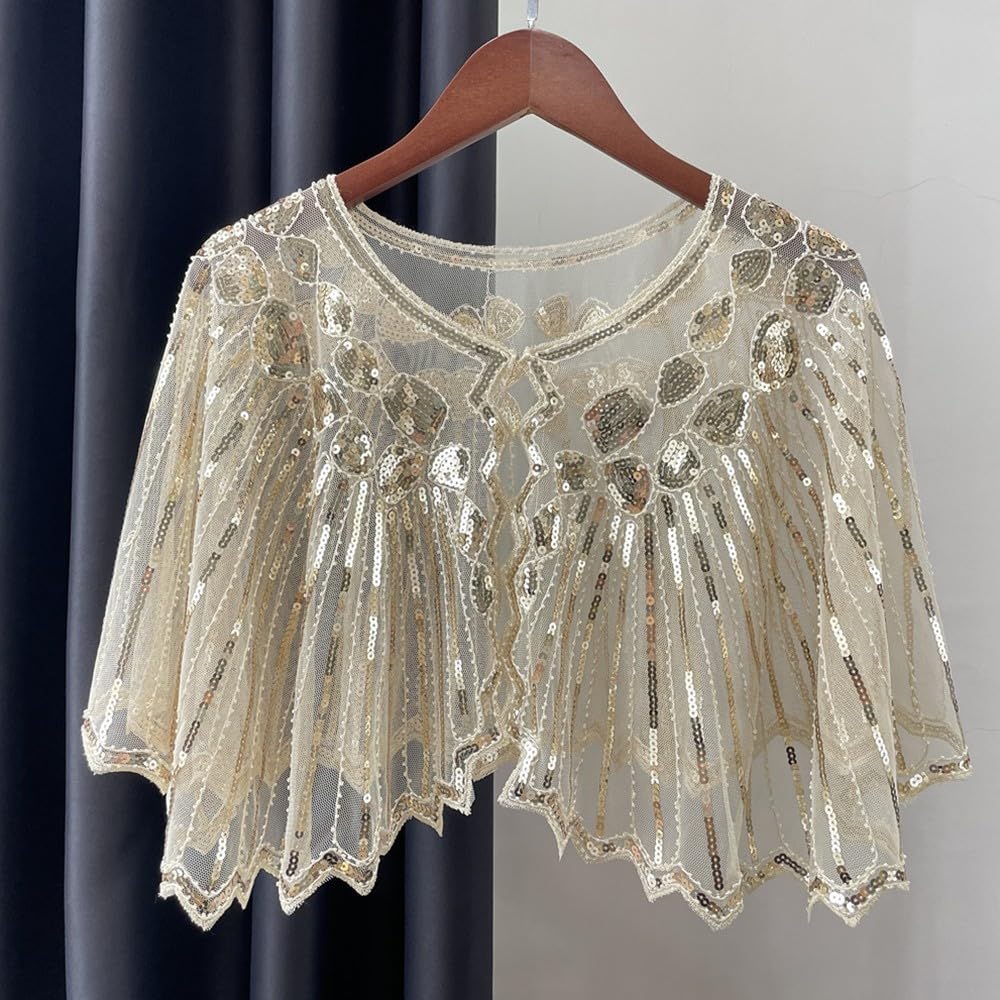 Short Beaded Sequin Cape for Women in Vintage 1920s Style Perfect for Evening Parties and Wedding Events with Classic Flapper Vibe (Gold)