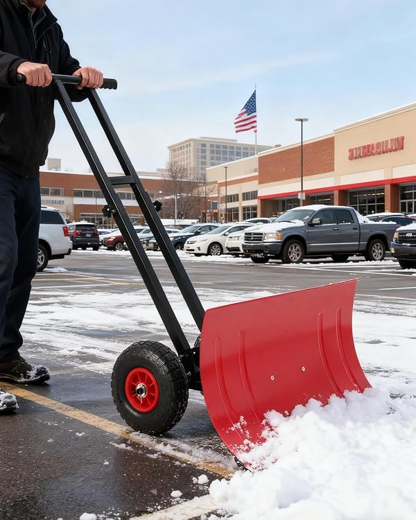 Wheeled Snow Plow Shovel, 14.2" H Heavy-Duty Steel Red Blade with Double Handle, 5 Angles, 2 Wheels, Back Saver Pusher for Snow Removal on Driveway, Sidewalks and Doorways by ExploreHorizon - Used condition - CA$46.97