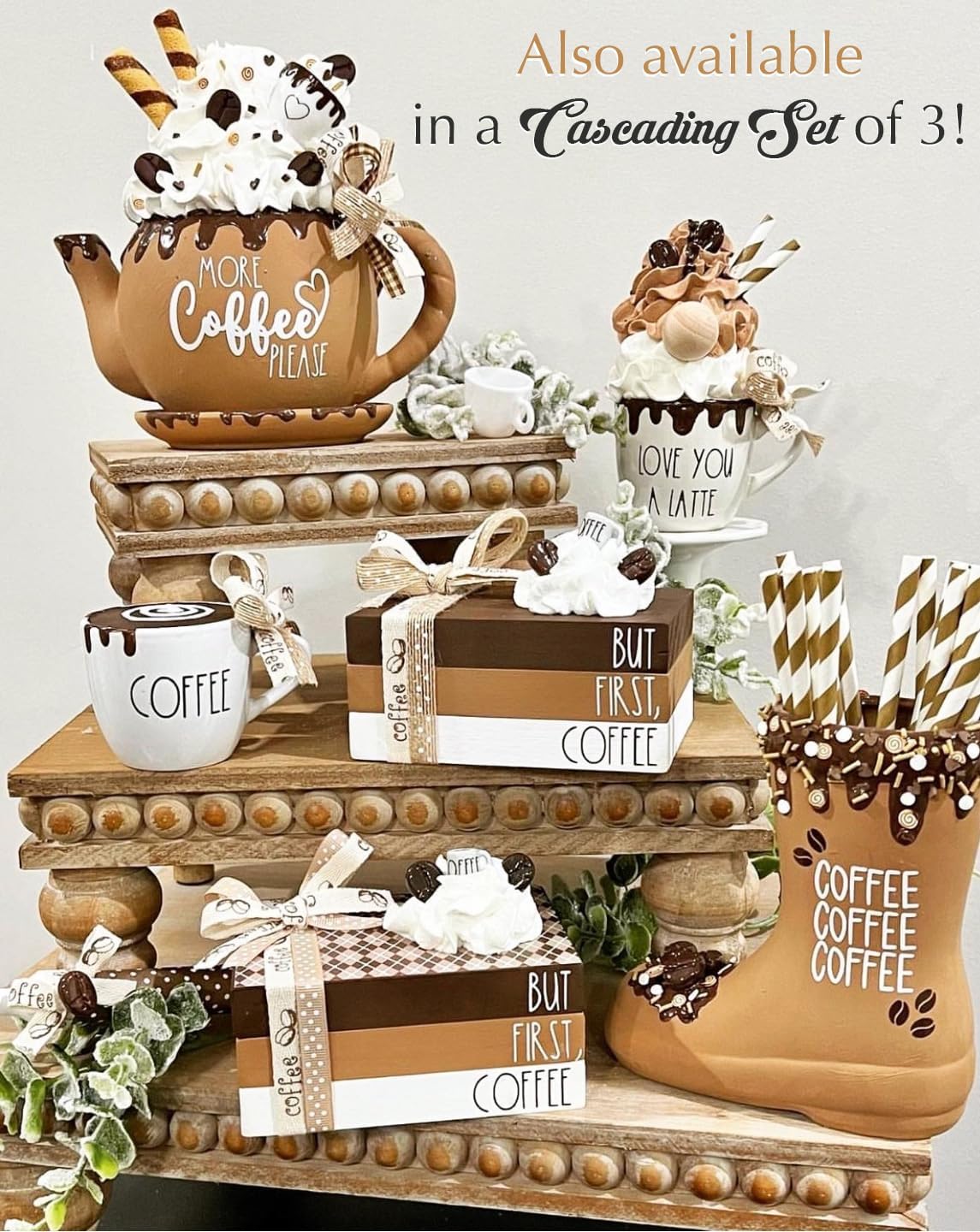 Felt Creative Home Goods Decorative Wood Risers for Decor | Tiered Tray Stand | Farmhouse Beaded Riser Stand for Decor | Wooden Pedestal Stand Large 12x16 Beaded Tray for Kitchen Coffee Bar (Brown)