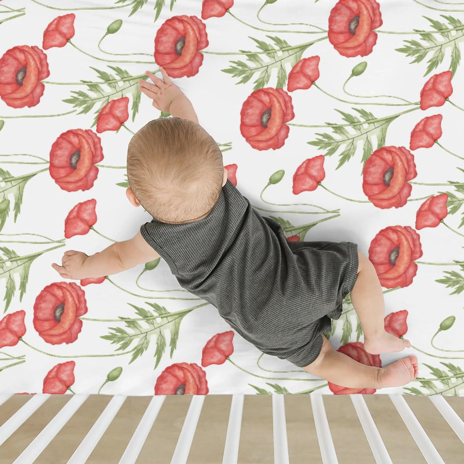 Vintage Red Poppies Baby Crib Sheets for Boy Girl 52x28Inch Red Floral Leaves Soft Stretchy Fitted Crib Mattress Cover Spring Garden Plant Baby Sheet for Standard Crib & Toddler Mattress Pad