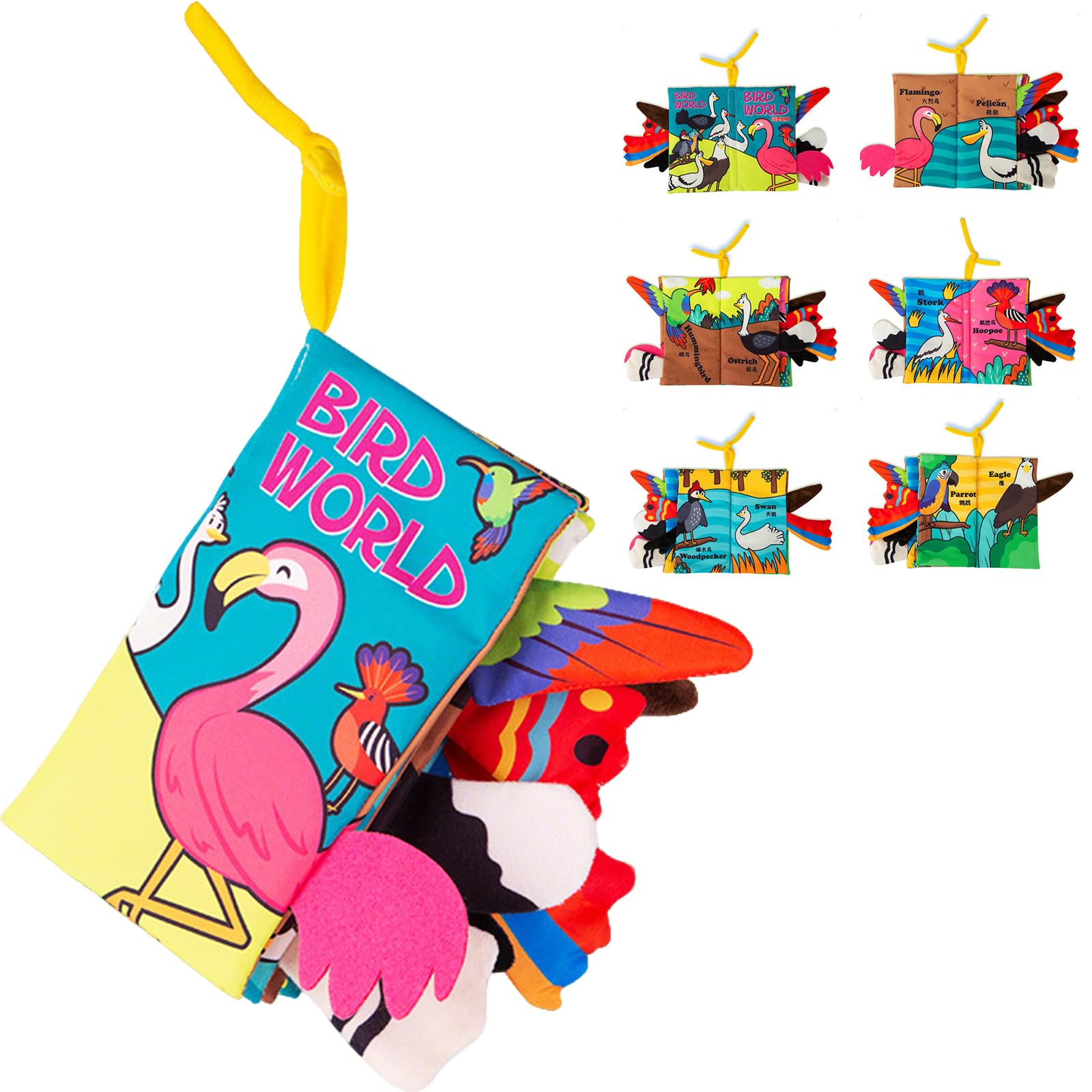 Birds Tails Soft Cloth Book for Babies 0-12 Months Sensory Toys for High Contrast Touch Feel Activity Book with Crinkle Paper Infant Tummy Time Toy
