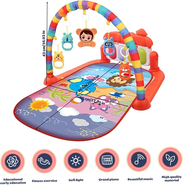 Baby Activity Center with Music & Light Safe & Easy Baby Gym Play Mat with Rattle Pendant Removable Play Mat with Adjustable Board for Newborns and Toddlers Red, Activity Cubes - 5