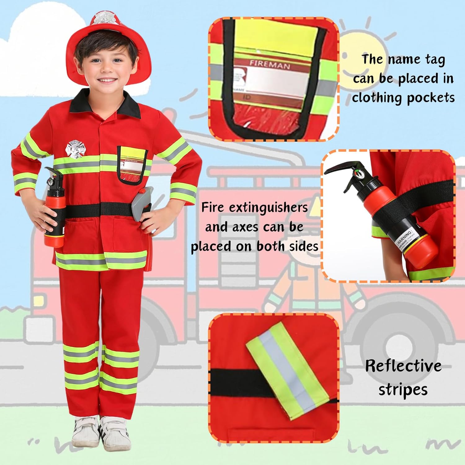 yolsun Fireman Costume Kids, Boys' and Girls' Firefighter Dress up, Fire Fighter with Accessories Set Halloween Role Play