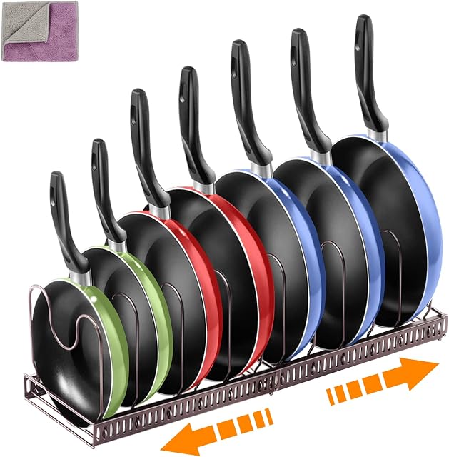 MASTERTOP Pan Organiser Rack, Expandable Pan Lid Holder with 7 Adjustable Dividers, Pot Storage Rack for Kitchen Cupboard Pantry Cabinet - Send 1 Microfiber Cleaning Cloth