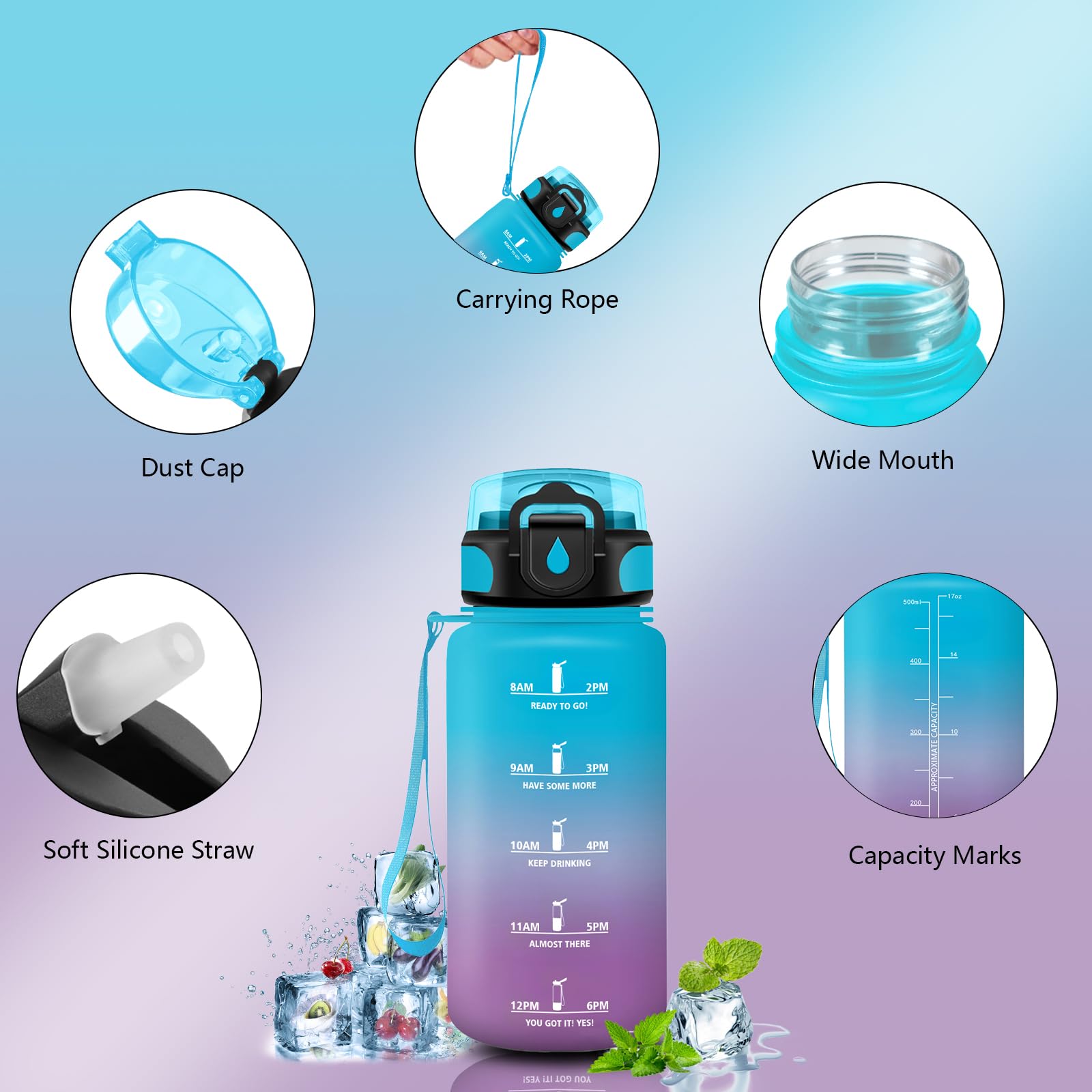 Botella Agua Niños, Portátil Botella Agua 500ml, A Prueba de Fugas Cantimplora con Pajita, Diseño de Cerradura, con Marcador de Tiempo, Cantimplora para Cámping, Exterior, Viaje - 3