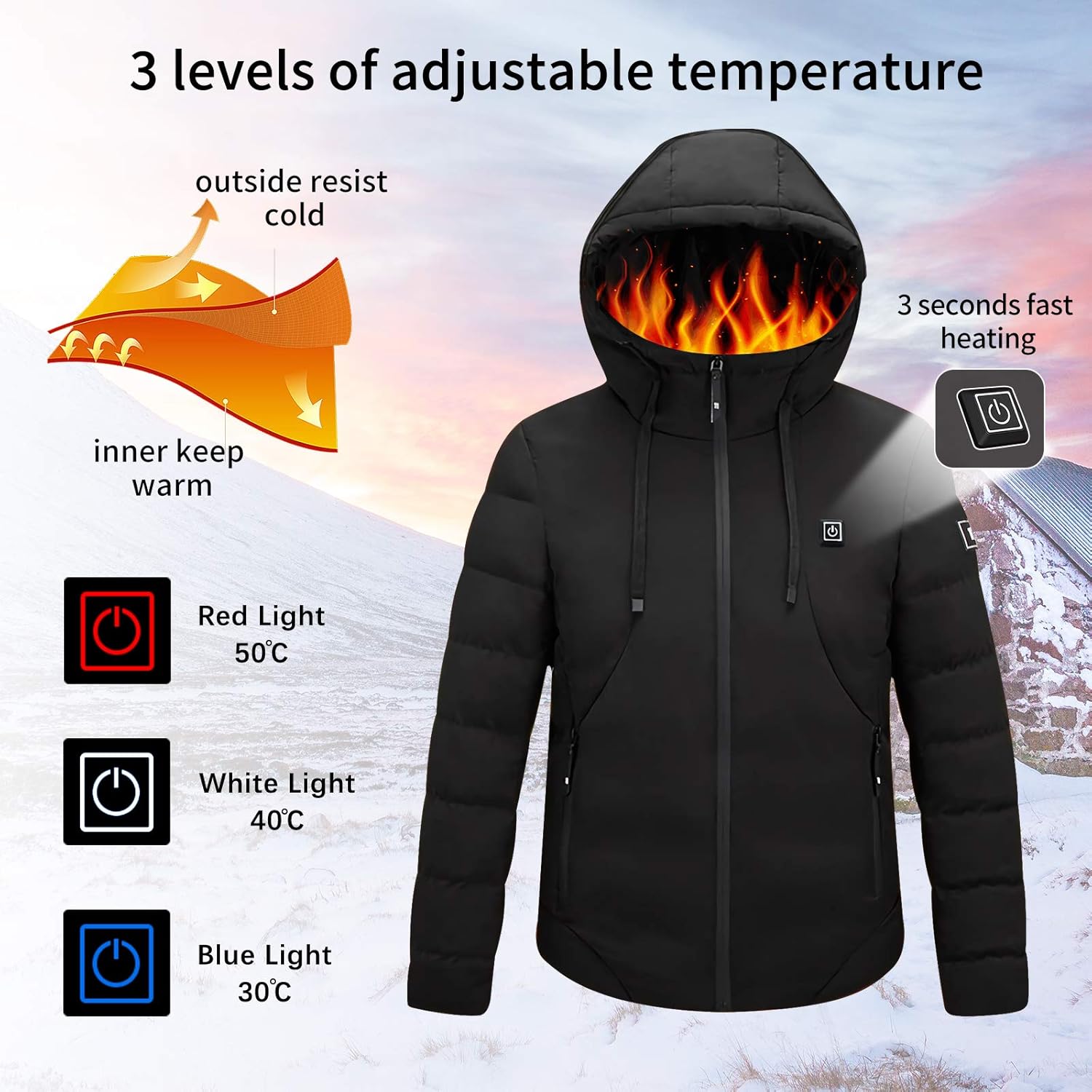 Heated Jacket with Hood Electric Heating Jacket for Men Women Winter Warm Heated Coat for Skiing Motorcycling - Image 4