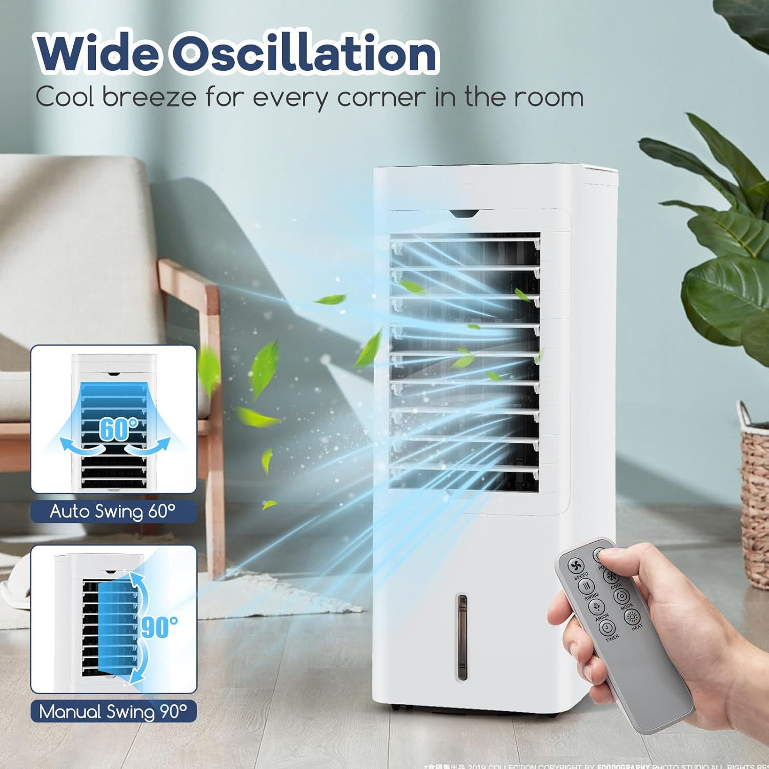 Image showing the DORTALA air cooler operating in sleep mode with a quiet operation icon and 12H timer, next to a sleeping person.