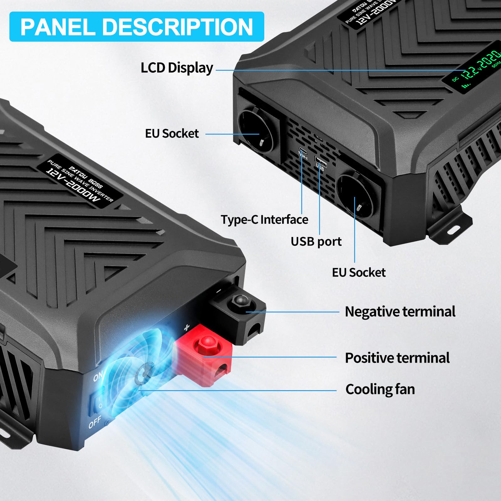 DATOUBOSS 2000W/4000W Spannungswandler 12v auf 230v Reiner Sinus Wechselrichter Power Inverter mit 2 EU Steckdosen, USB/Type-C und LCD Anzeige, Umwandler für LKW Camping Haushaltsgeräten