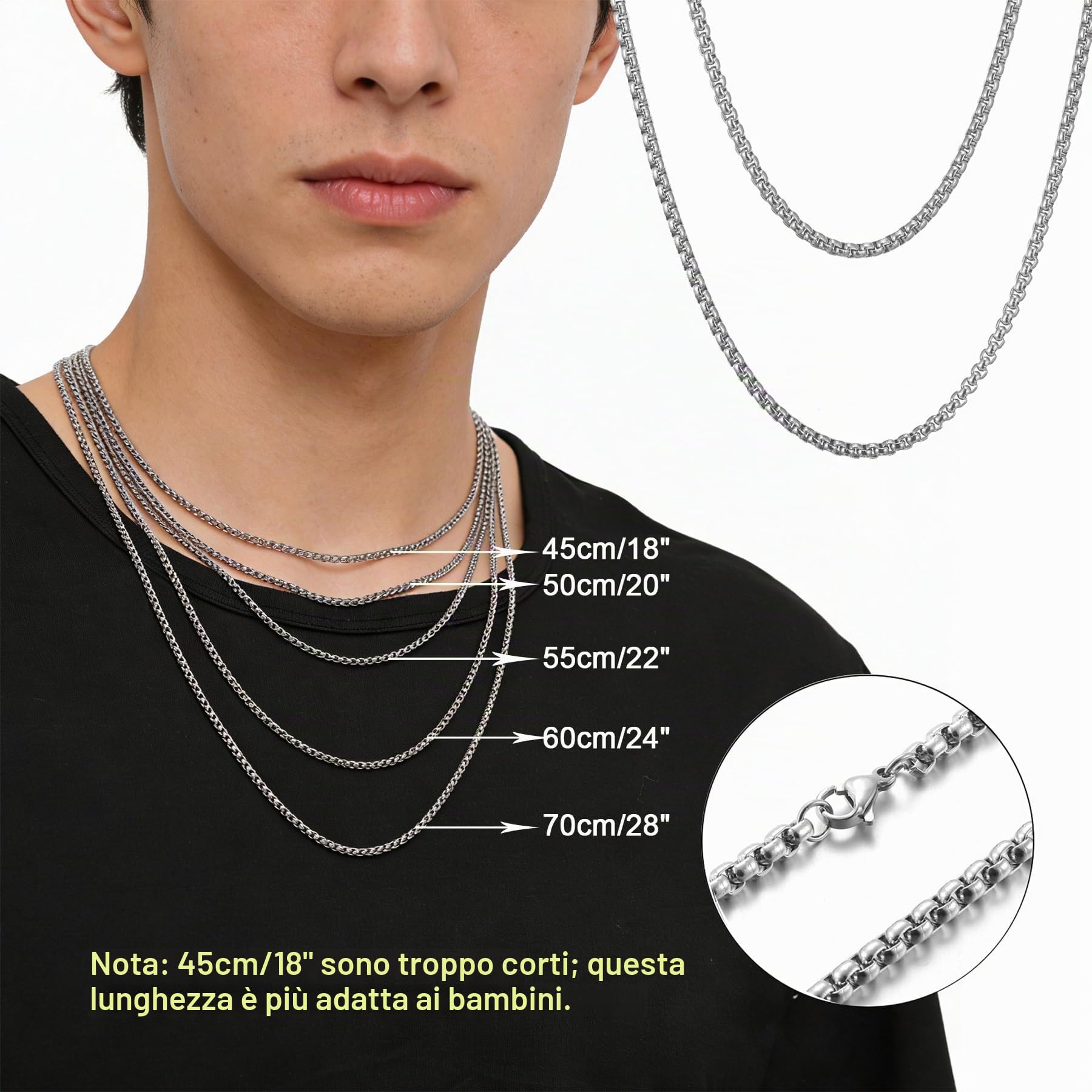 Collana Uomo Donna Acciaio Inossidabile Oro/Argento/Nero Catena a Maglia Veneziana 2/2.5/3/4mm Box Collane Gioielli da Regalo Lunghezza 45/50/55/60/70cm