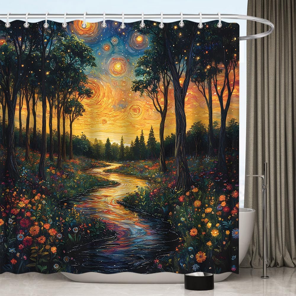 Enchanted Forest Starry Shower Curtain Rustic Fantasy Forest Flower Planet Garden Rural Wonderland Bath Decor Polyester Fabric Curtains 106X70 Inch