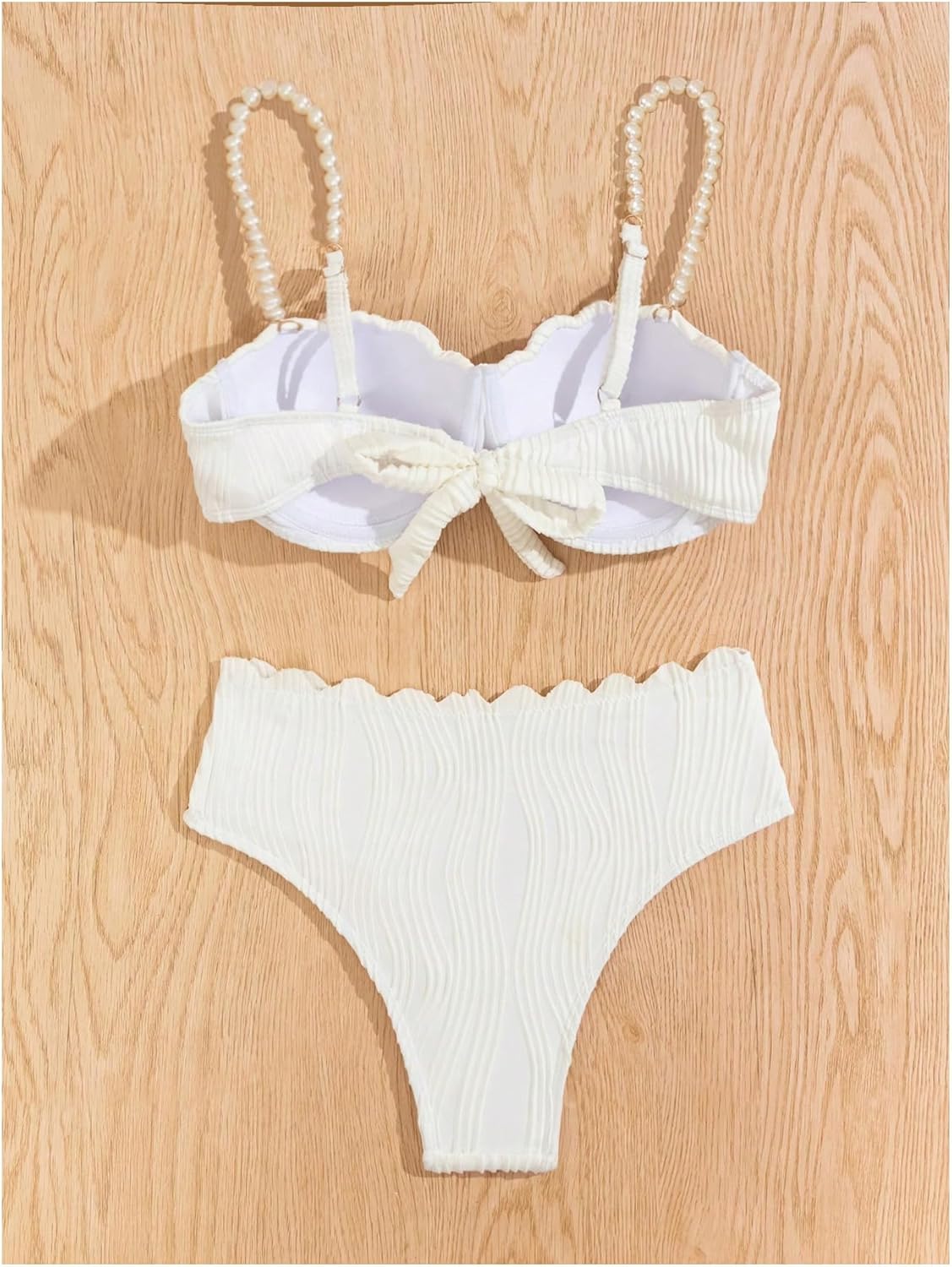 MakeMeChic Women's 2 Piece Bikini Set Textured Pearl Beaded Strap Scallop Trim High Waist Swimsuit - Image 3