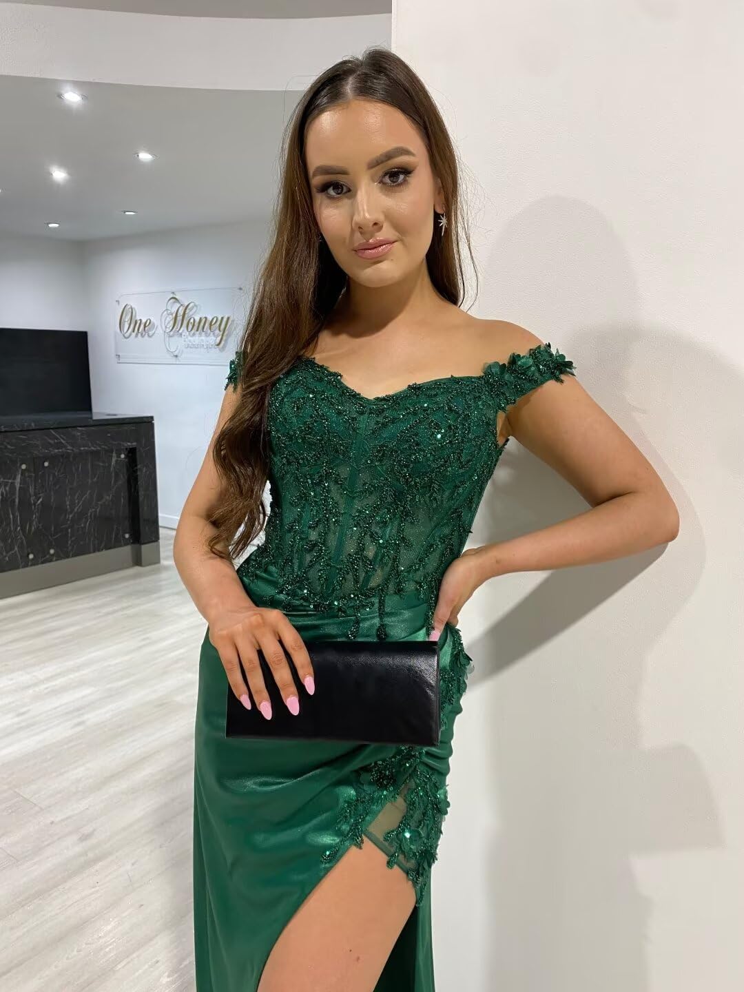 Women's Satin Mermaid Prom Dresses Long Off Shoulder Lace Applique Formal Evening Party Gown with Slit UG013