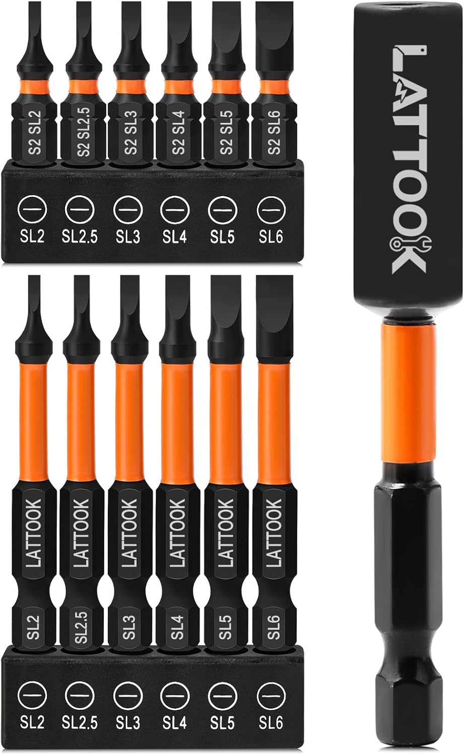 13-Pieces Impact Slotted Bit Set, LATTOOK 1/4'' Hex Shank Slotted Screwdriver Bit Set Flat Head Bits, Magnetic S2 Steel, 2.3'' & 1'' Long, SL2, SL2.5, SL3, SL4, SL5, SL6