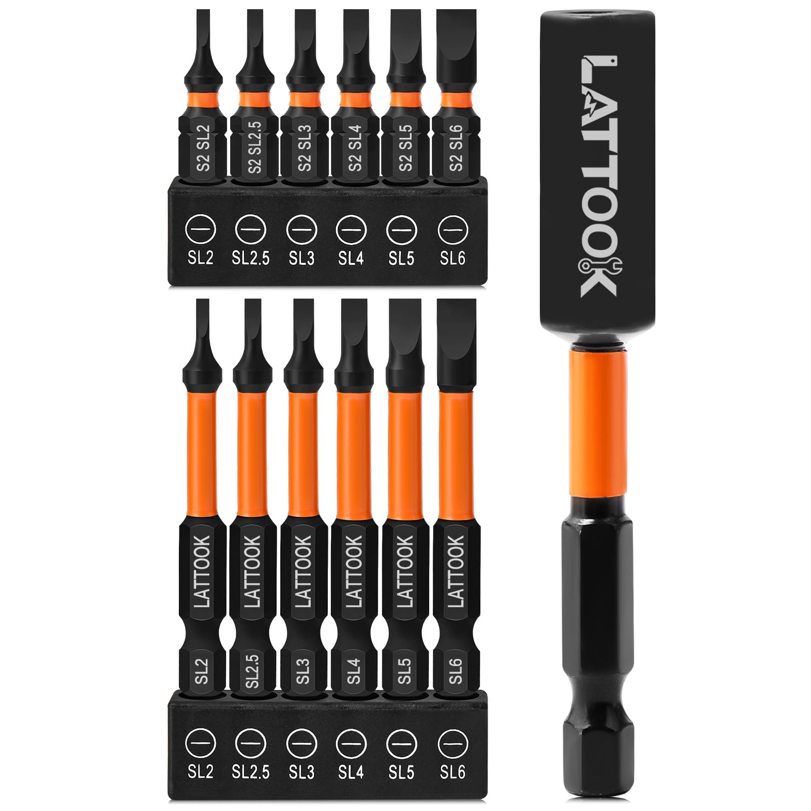 13-Pieces Impact Slotted Bit Set, LATTOOK 1/4'' Hex Shank Slotted Screwdriver Bit Set Flat Head Bits, Magnetic S2 Steel, 2.3'' & 1'' Long, SL2, SL2.5,