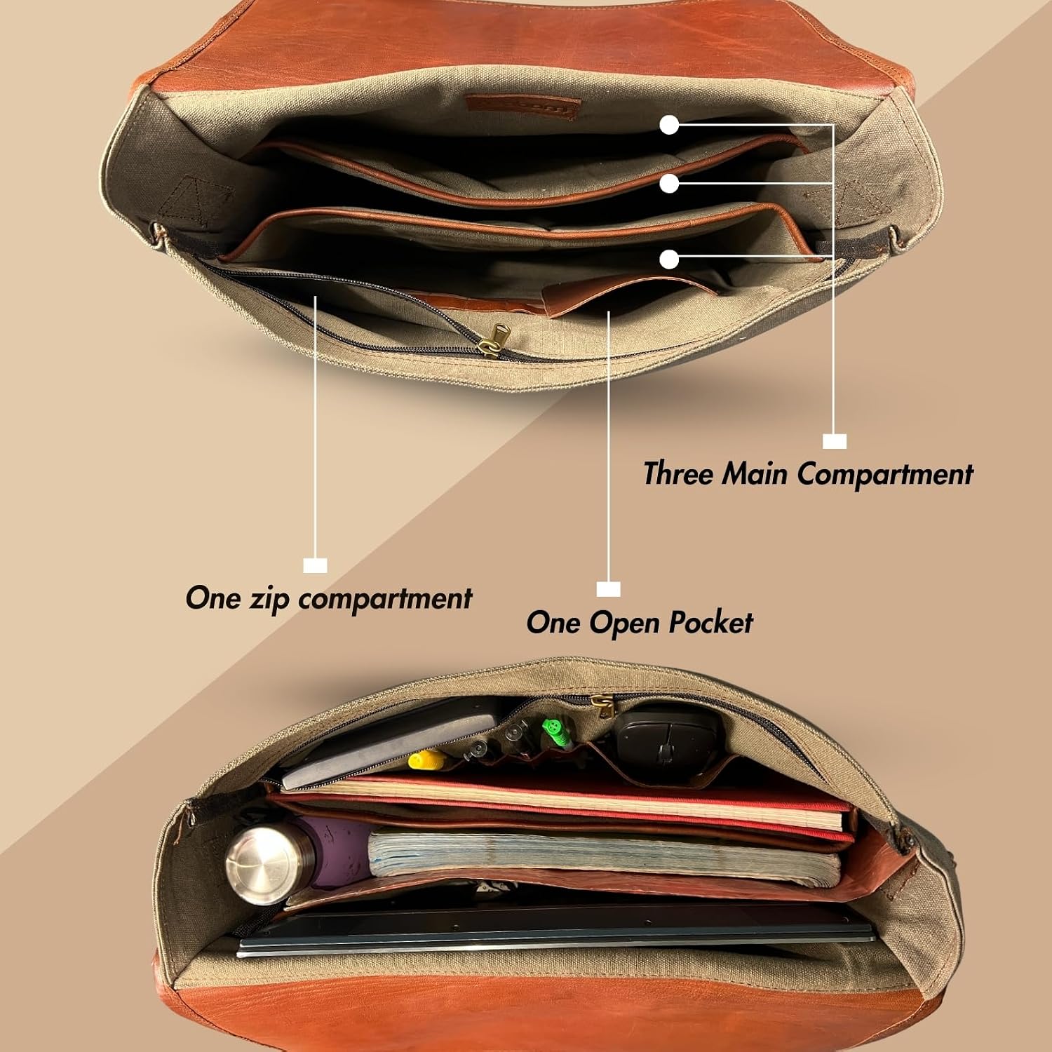 Madosh Genuine Brown Leather Canvas Laptop Men’s Briefcase Side Crossbody Office Shoulder Business Messenger Laptop Handbag for men