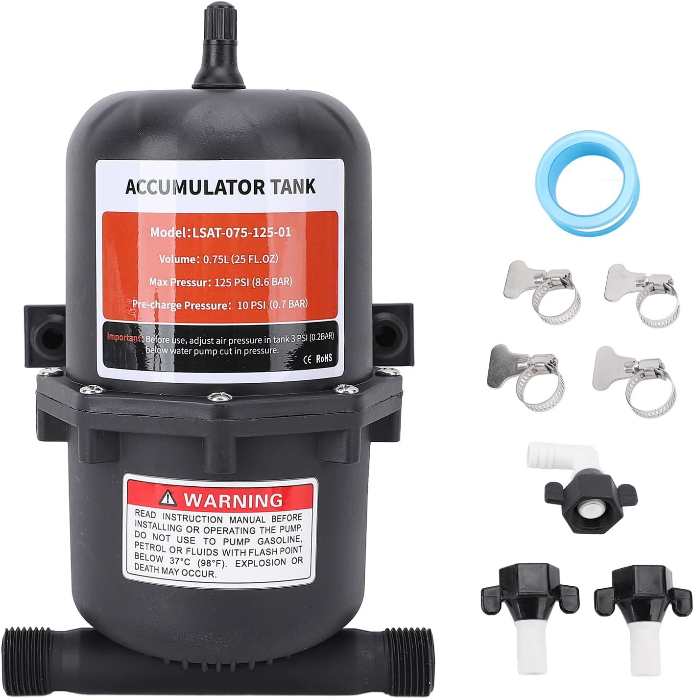 Mini Pressure Tank with Clamps Pre Pressurized Accumulator Tank for RV Boat Trailer Maximum 125PSI