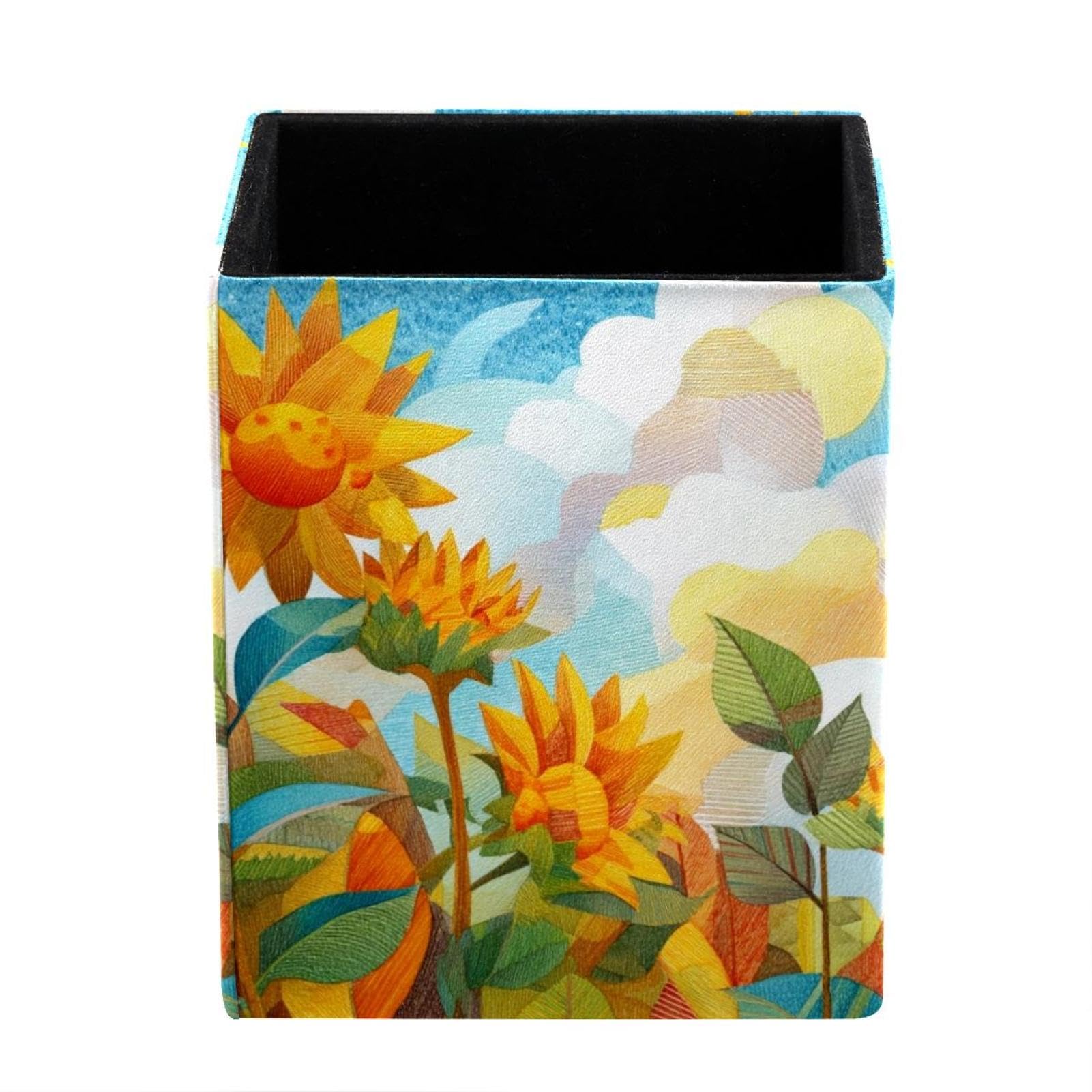 Watercolor Art Sunflower Pen Holder for Desk, Pencil Holder with 1 Compartments, Leather Pencil Cup, Desktop Organizer and Accessories for Office