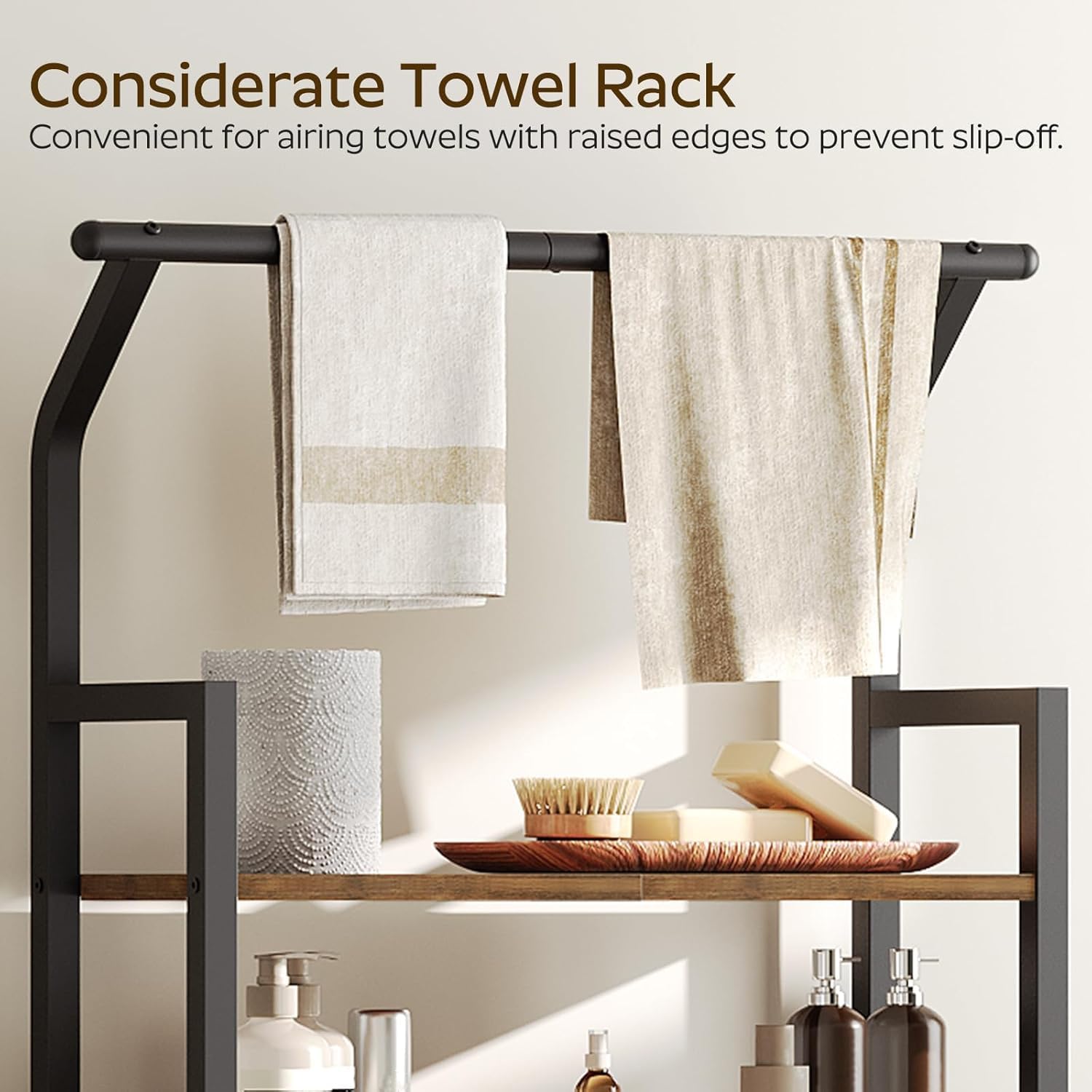 2-Tier Over The Toilet Storage, Multifunctional Vertical Over Toilet Bathroom Organizer, Freestanding Bathroom Storage Shelves with Hooks, Bathroom Organizer, Rustic Brown and Black TR01BR
