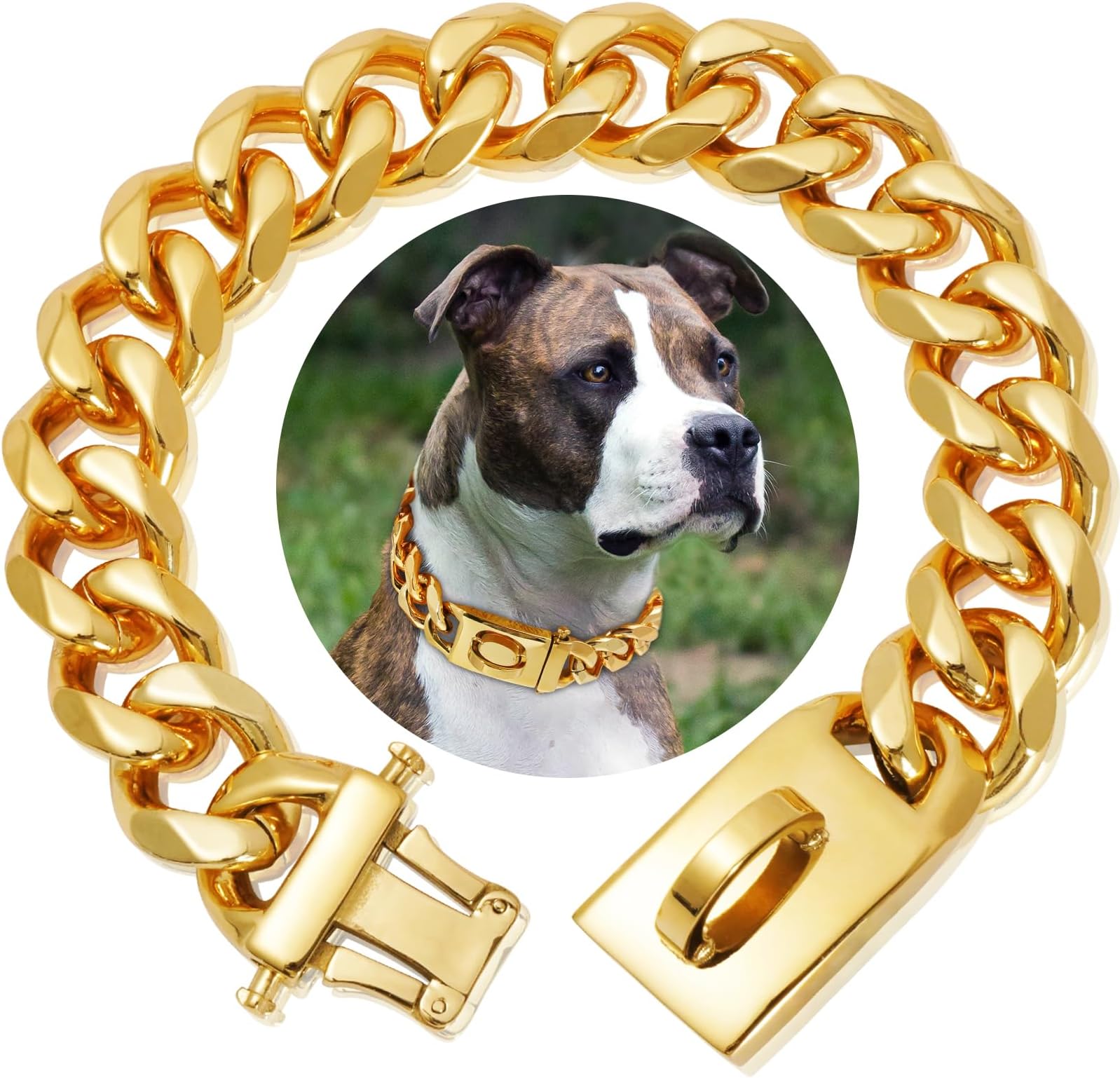 Heavy Duty Gold Dog Collar Chain Stainless Steel Walking Metal Chains Collars,19MM Wide 18K Gold