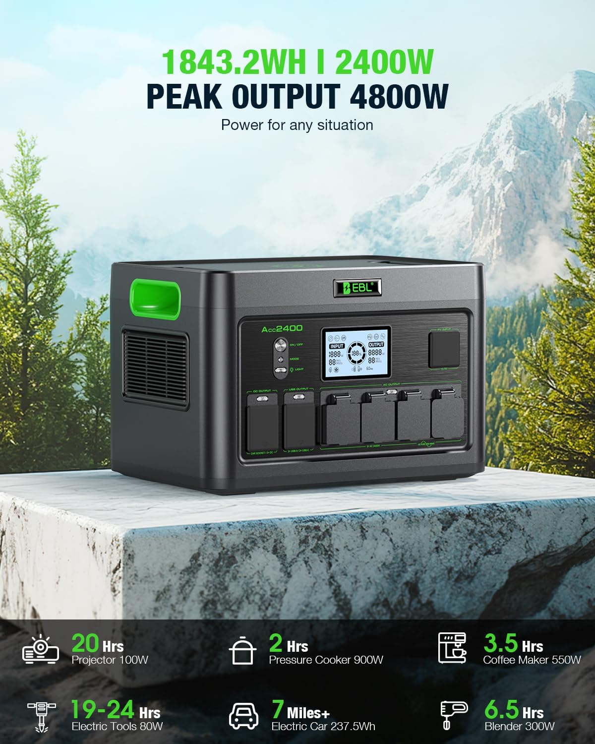 EBL 2400W Portable Power Station with 2x200W Solar Panels (Ship Separately), 1843Wh Home Backup Battery,LiFePO4,Solar Generator,Pure Sine Wave, For Outdoor Camping RV Travel, Off-grid Home Emergency