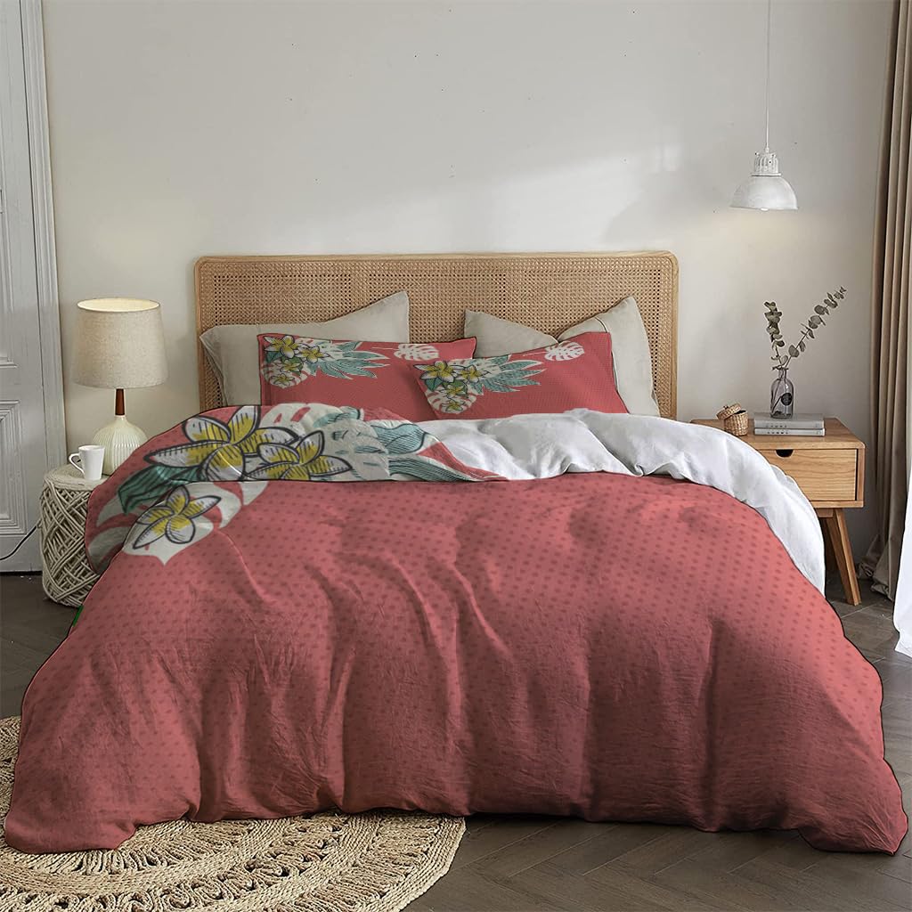 NIBAINLO 布団カバー赤いハーフトーンのベースにレトロなトロピカルな花と葉 肌に優しい ピーチスキン加工 掛け布団カバー 和式 洋式 あったか 布団カバーセット リバーシブル ホームステイ ホテル 家庭兼用